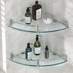 Tempered Glass Corner Shelves for Bathroom with Rail - Wall Mounted Drill Hole